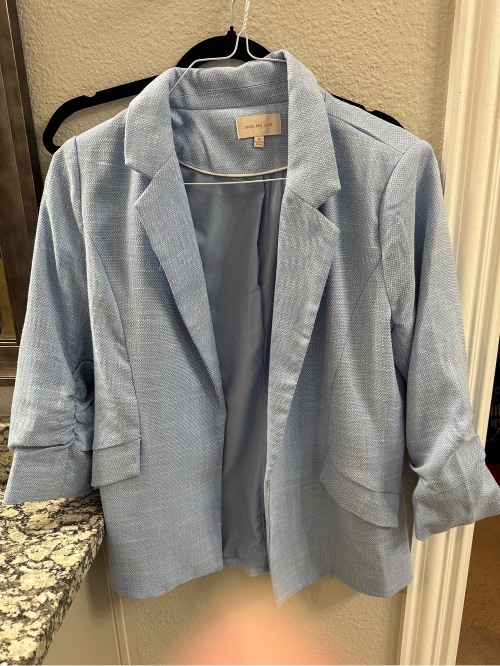 Skies Are Blue Pale Blue Textured Open Blazer